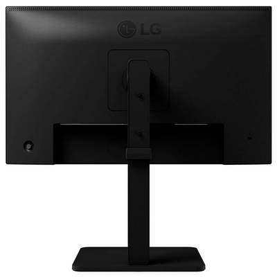Rückansicht eines LG-Computermonitors auf einem Ständer, mit clearem, minimalistischem Design und matter schwarzer Oberfläche.