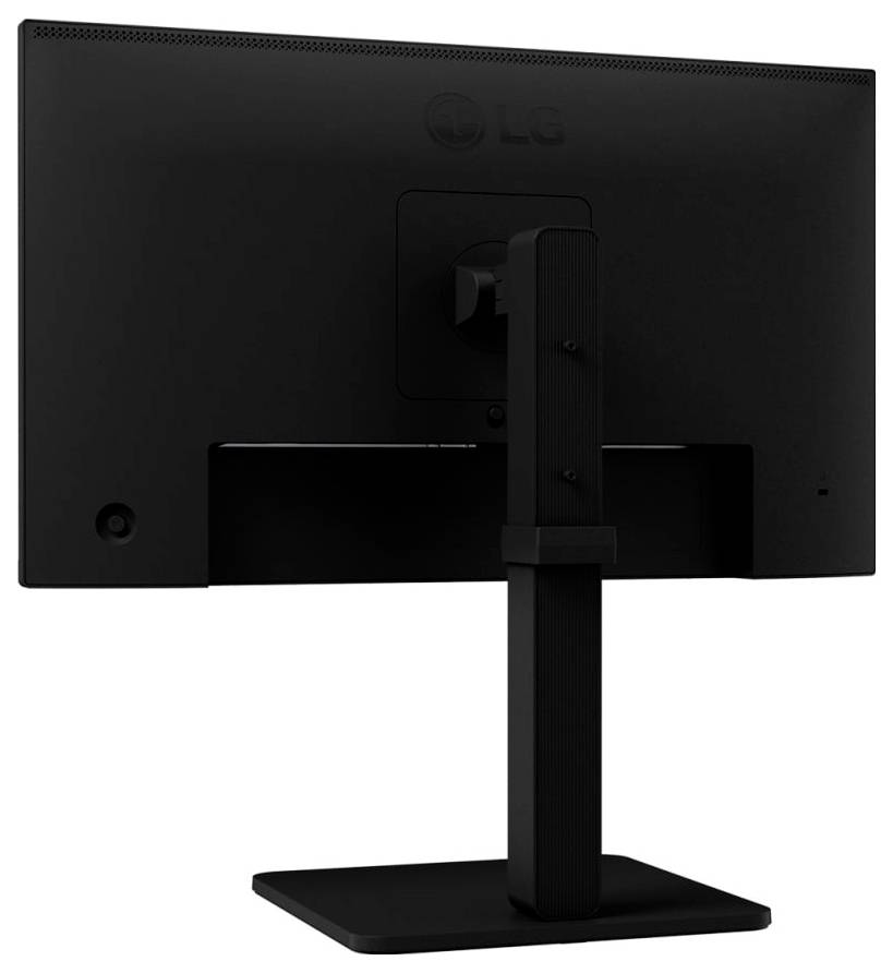 Rückansicht eines schwarzen Computermonitors auf einem Ständer mit elegantem und minimalem Design, der perfekt für einen modernen Büroarbeitsplatz geeignet ist.
