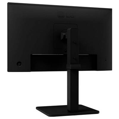 Rückansicht eines schwarzen Computermonitors auf einem Ständer mit elegantem und minimalem Design, der perfekt für einen modernen Büroarbeitsplatz geeignet ist.