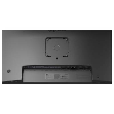 Das Bild zeigt die Rückseite eines Monitors mit Anschlüssen, darunter zwei USB-Anschlüsse, HDMI, DisplayPort und Stromanschluss.