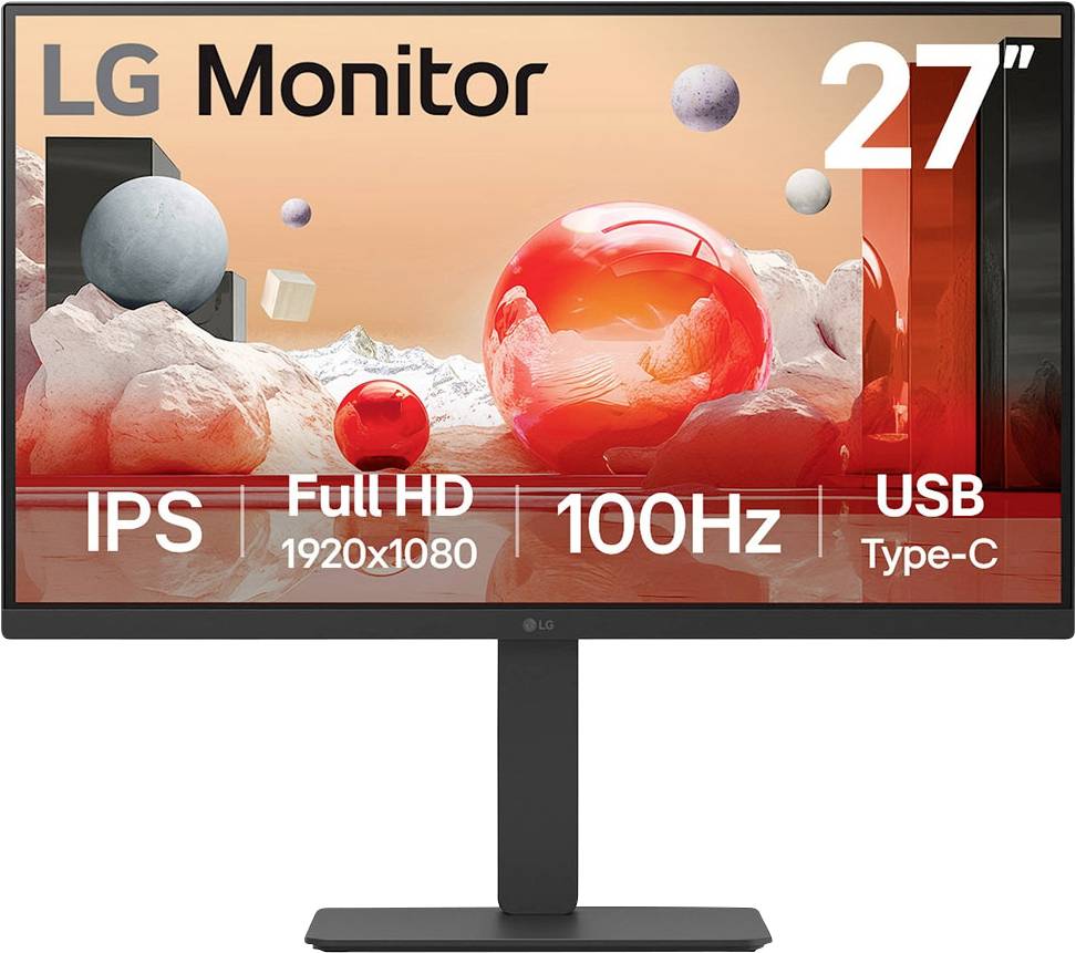 LG 27-Zoll-Monitor-Display mit einer kunstthematischen Hintergrundszene, die rote und weiße Kugeln präsentiert und die Merkmale 'IPS', 'Full HD 1920x1080', '100Hz', 'USB Type-C' hervorhebt.