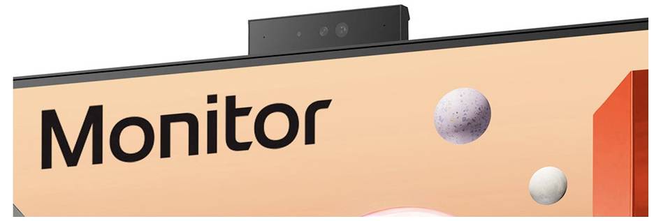 Ein Abschnitt eines Monitorbildschirms zeigt das Wort 'Monitor', mit einer integrierten Kamera oben. Das Design umfasst abstrakte Kugeln.