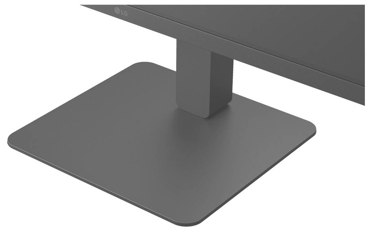 Das Bild zeigt die Basis eines Flachbildschirms und präsentiert einen rechteckigen Standfuß mit minimalistischem Design.