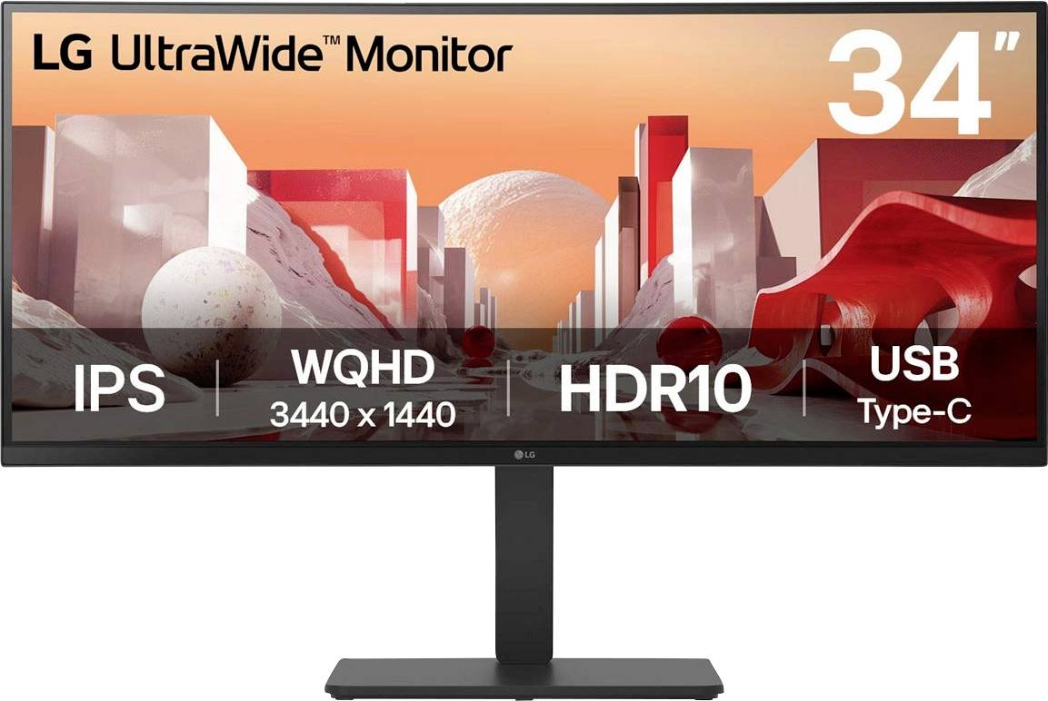 Das Bild zeigt einen LG UltraWide Monitor mit einem 34-Zoll-Bildschirm. Aufgeführte Funktionen: IPS, WQHD 3440x1440 Auflösung, HDR10, USB Typ-C.