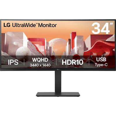 Das Bild zeigt einen LG UltraWide Monitor mit einem 34-Zoll-Bildschirm. Aufgeführte Funktionen: IPS, WQHD 3440x1440 Auflösung, HDR10, USB Typ-C.