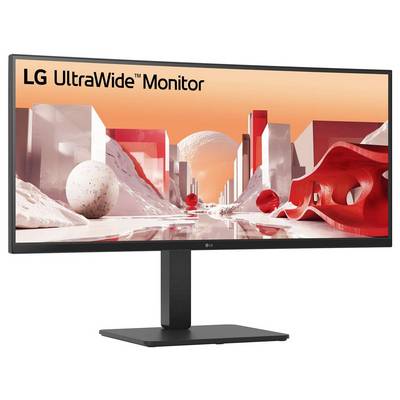 Ein breiter Monitor, der eine futuristische Landschaft mit geometrischen Formen in leuchtend roten und weißen Farben zeigt.