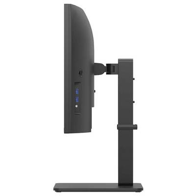 Seitenansicht eines schwarzen Computermonitors mit USB-Anschlüssen, auf einem verstellbaren Ständer präsentiert.