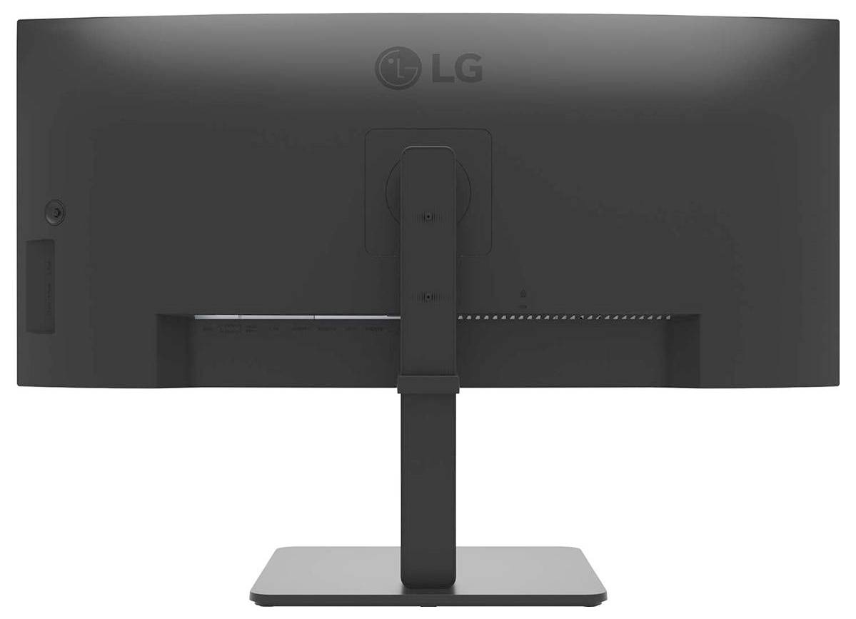 Rückansicht eines LG-Computermonitors mit zentralem Ständer und minimalistischem Design, die Anschlüsse und ergonomische Verstellbarkeit präsentiert.