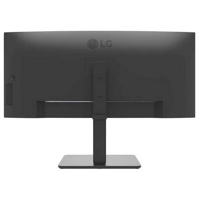 Rückansicht eines LG-Computermonitors mit zentralem Ständer und minimalistischem Design, die Anschlüsse und ergonomische Verstellbarkeit präsentiert.