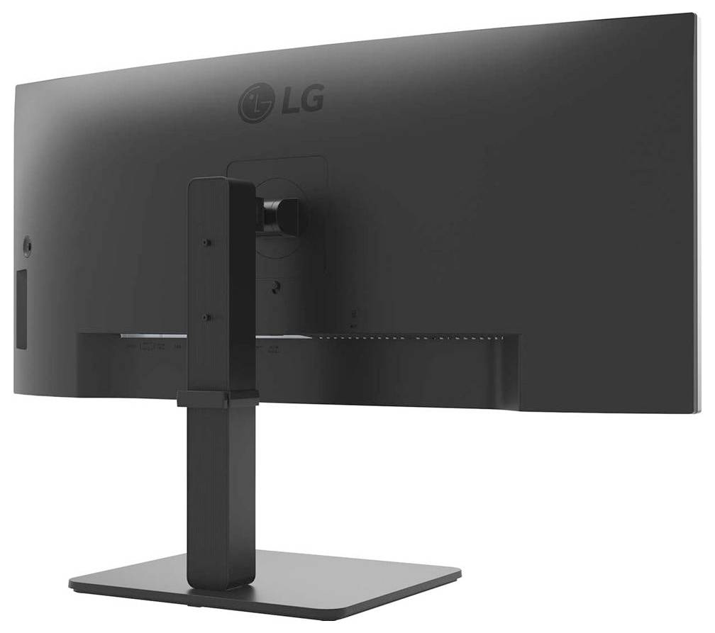 Ein Computerbildschirm im Breitbildformat, von hinten betrachtet, mit der Marke 'LG' und einem verstellbaren Ständer.