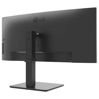 Ein Computerbildschirm im Breitbildformat, von hinten betrachtet, mit der Marke 'LG' und einem verstellbaren Ständer.
