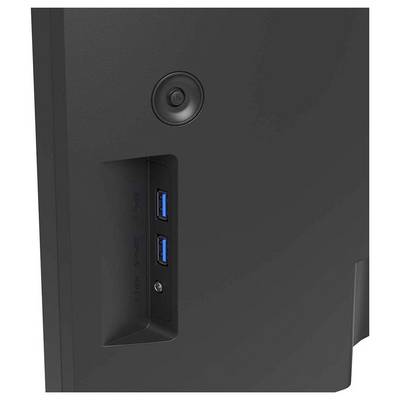 Das Bild zeigt die Seite eines schwarzen Geräts mit zwei blauen USB-Anschlüssen und einer kreisförmigen Taste darüber, die in einem vertieften Panel eingelassen ist.