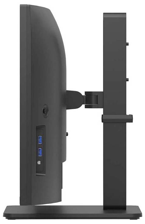 Seitenansicht eines schwarzen Computermonitors auf einem Ständer mit zwei USB-Anschlüssen an der Seite.