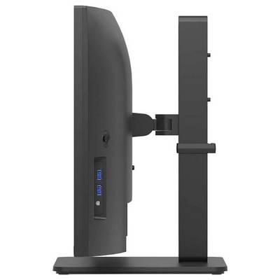 Seitenansicht eines schwarzen Computermonitors auf einem Ständer mit zwei USB-Anschlüssen an der Seite.