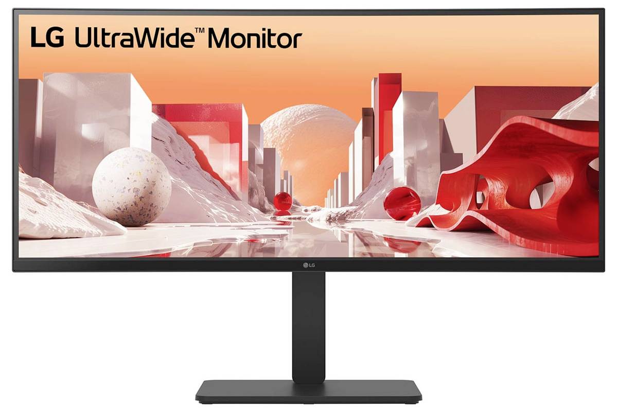 LG UltraWide Monitor, der eine futuristische digitale Landschaft mit roten geometrischen Elementen vor einem leuchtend orangefarbenen und weißen Hintergrund zeigt.