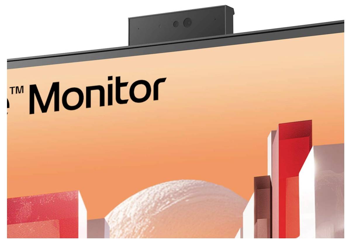 Der obere Bereich eines Computermonitors, der abstrakte rote und weiße Formen vor einem orangefarbenen Hintergrund zeigt. Eine Webcam ist zentriert am oberen Rand.