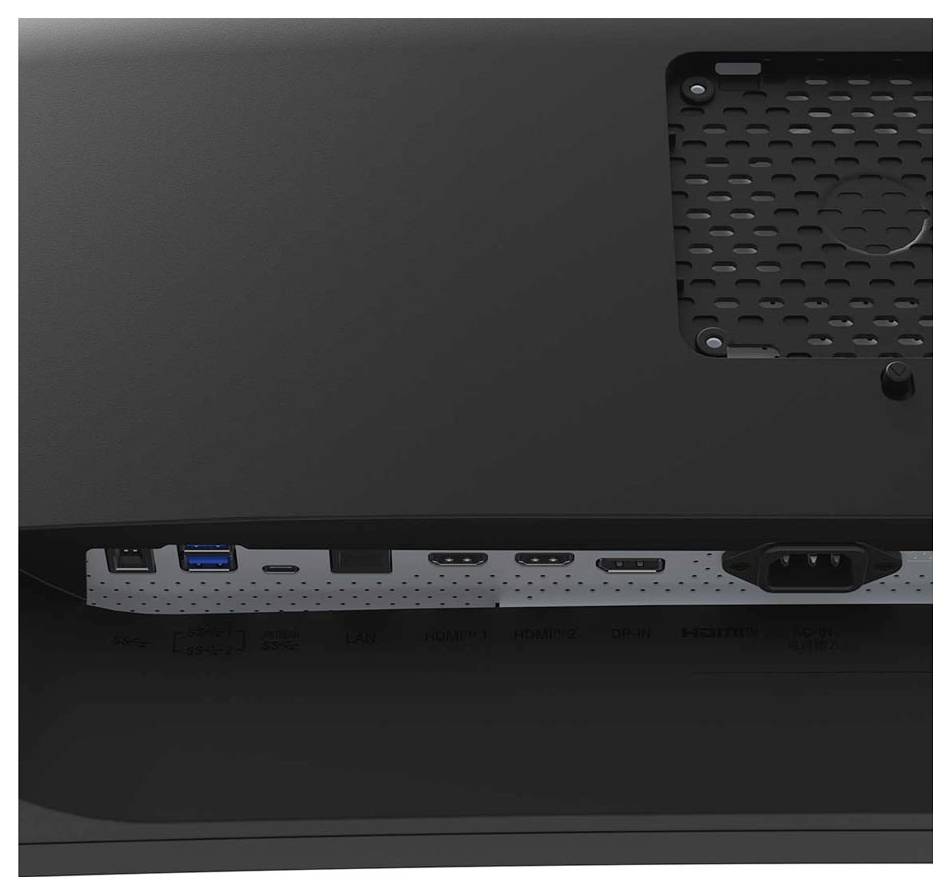 Rückansicht eines Computermonitors mit verschiedenen Anschlüssen wie USB, HDMI und Stromanschluss, die Konnektivität und Stromversorgung ermöglichen.