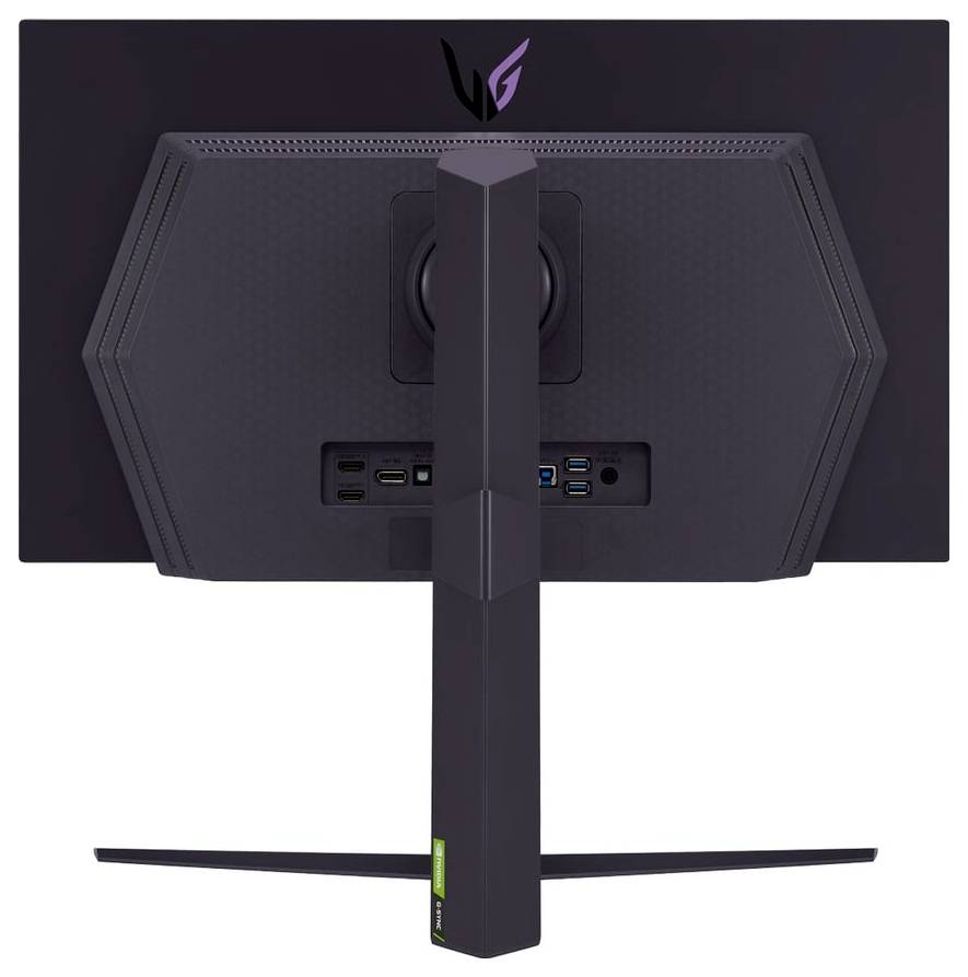 Rückansicht eines Computermonitors, die Anschlüsse wie HDMI, USB und DisplayPort zeigt, mit einem Nvidia G-Sync-Logo am Monitorständer.