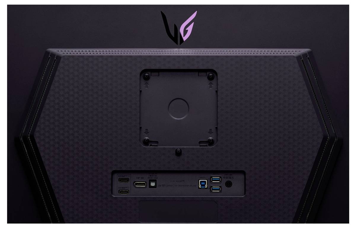 Rückansicht eines Monitors mit Karbonfaserstruktur, die verschiedene Anschlüsse wie HDMI und USB zeigt, unter einem Logo.