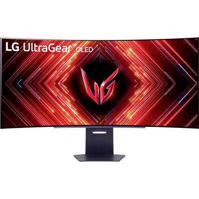 Gekrümmter LG UltraGear OLED-Monitor mit einem lebhaften roten geometrischen Design auf dem Bildschirm, der eine dynamische und immersive visuelle Erfahrung betont.
