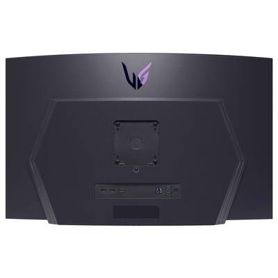 Ein schwarzer Monitor mit sichtbarem Rückpanel, das verschiedene Anschlüsse und ein einzigartiges Logo aufweist. Die Anschlüsse umfassen USB und HDMI und sind für die Konnektivität konzipiert.
