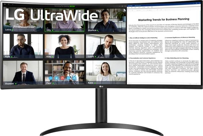 Ein gebogener LG UltraWide-Monitor zeigt links einen Videoanruf mit neun Personen und rechts ein Dokument mit dem Titel „Marketingtrends für Geschäftsplanung".