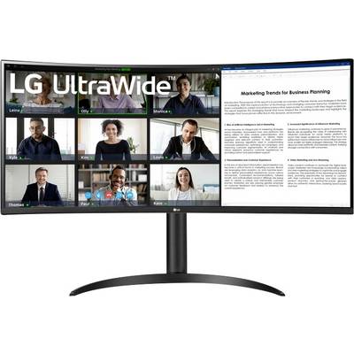 Ein gebogener LG UltraWide-Monitor zeigt links einen Videoanruf mit neun Personen und rechts ein Dokument mit dem Titel „Marketingtrends für Geschäftsplanung".
