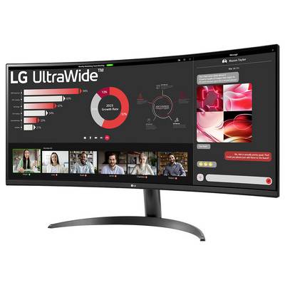 Gebogener Monitor, der eine Videokonferenz mit fünf Teilnehmern zeigt, neben Diagrammen, die Wachstumsraten darstellen, und einer Messaging-Oberfläche mit Design-Vorschauen.