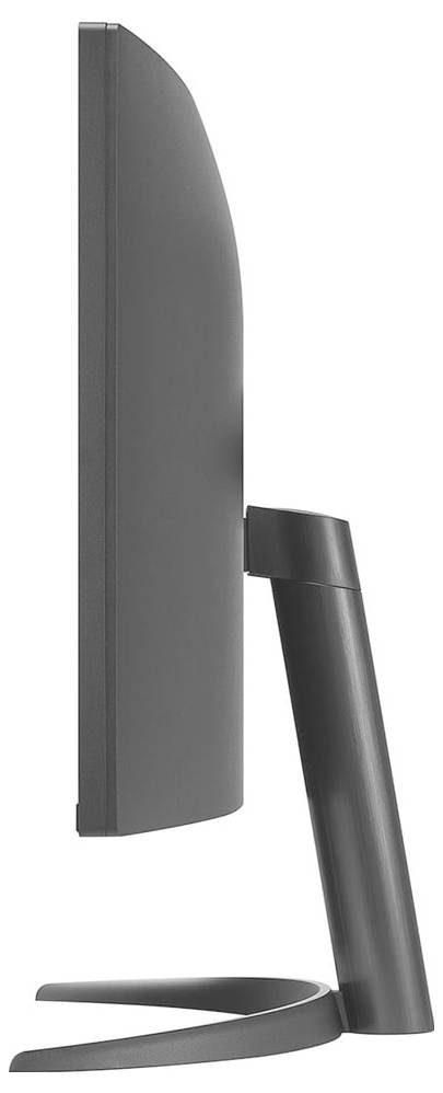 Seitenansicht eines modernen, schlanken Computermonitors mit gebogener Rückseite und zylindrischem Ständer, der sein elegantes Design präsentiert.