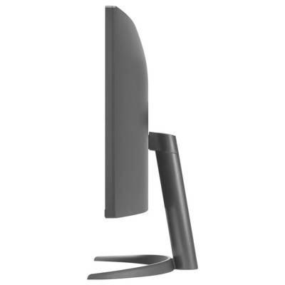 Seitenansicht eines modernen, schlanken Computermonitors mit gebogener Rückseite und zylindrischem Ständer, der sein elegantes Design präsentiert.