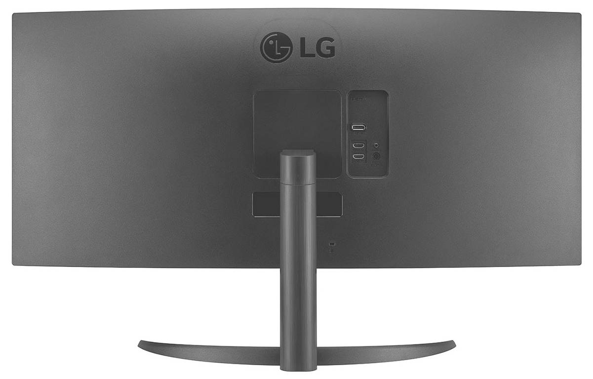 Die Rückansicht eines Breitbild-LG-Monitors, der den Standfuß und die Eingangsbuchsen zeigt.