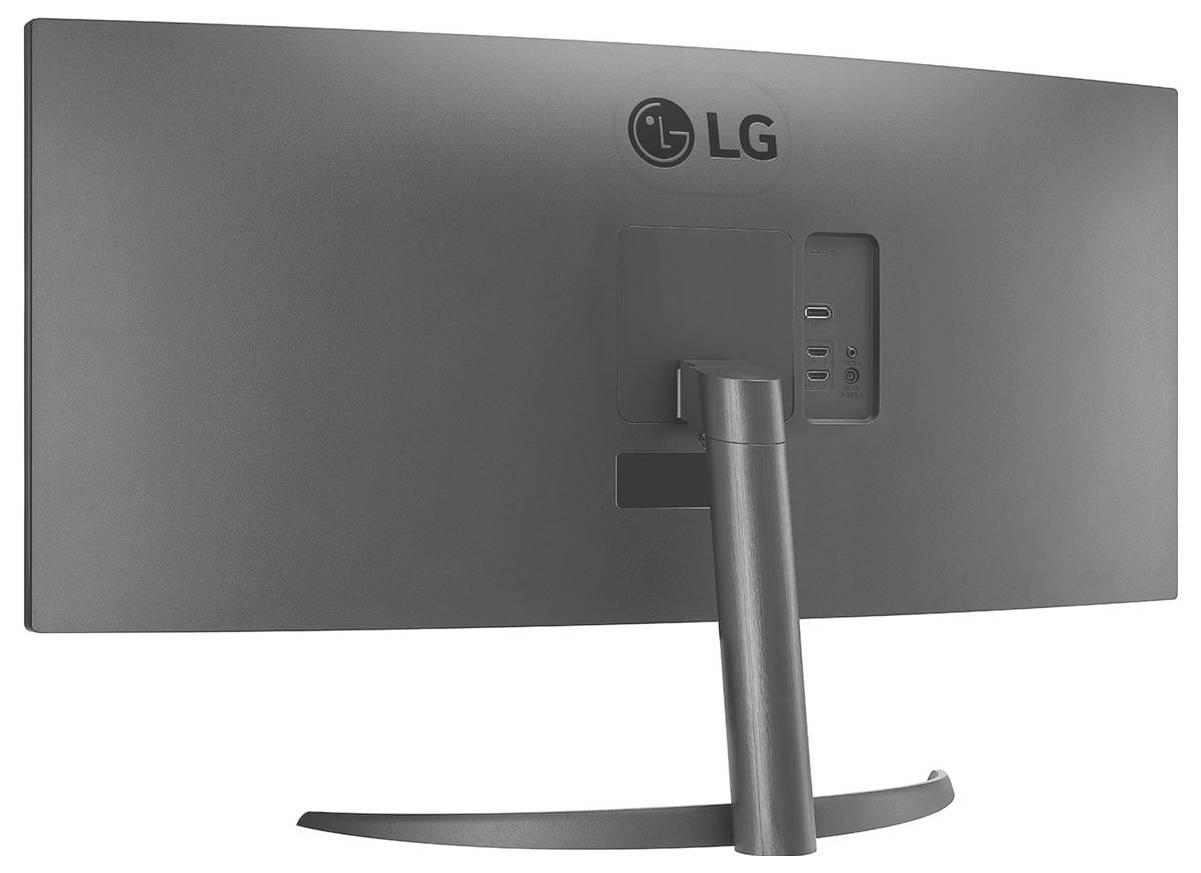Eine Rückansicht eines LG-Computermonitors, die den Ständer und die Anschlüsse auf der Rückseite zeigt.