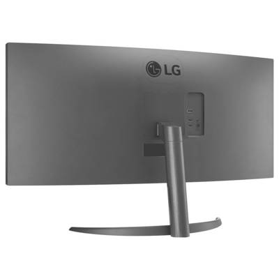 Eine Rückansicht eines LG-Computermonitors, die den Ständer und die Anschlüsse auf der Rückseite zeigt.