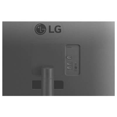 Rückansicht eines LG-Monitors mit Logo und Anschlüssen, einschließlich zwei HDMI-Ports und einem Audioausgang, die sich auf der rechten Seite befinden.