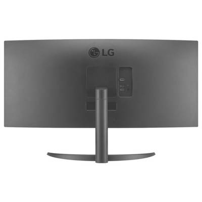 Die Rückseite eines gebogenen LG-Monitors mit Anschlüssen und Ständer.