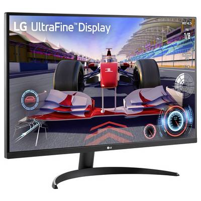 Ein Computermonitor, der ein LG UltraFine Display zeigt, auf dem ein Rennvideospiel mit einem roten Rennwagen auf einer Strecke, einem Tachometer und Spielstatistiken zu sehen sind.