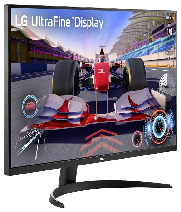 LG UltraFine Display präsentiert ein Rennspiel mit einer Nahaufnahme eines roten Rennwagens auf der Strecke und unterstreicht dabei die Bildschirmklarheit und lebendigen Farben.