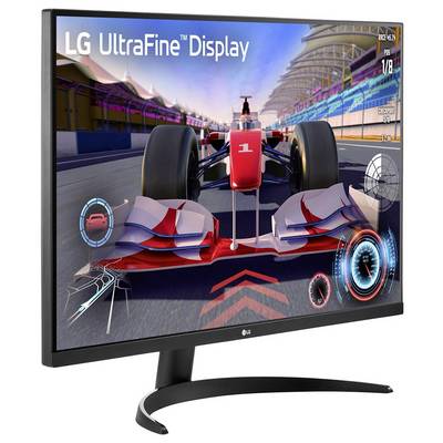 LG UltraFine Display präsentiert ein Rennspiel mit einer Nahaufnahme eines roten Rennwagens auf der Strecke und unterstreicht dabei die Bildschirmklarheit und lebendigen Farben.