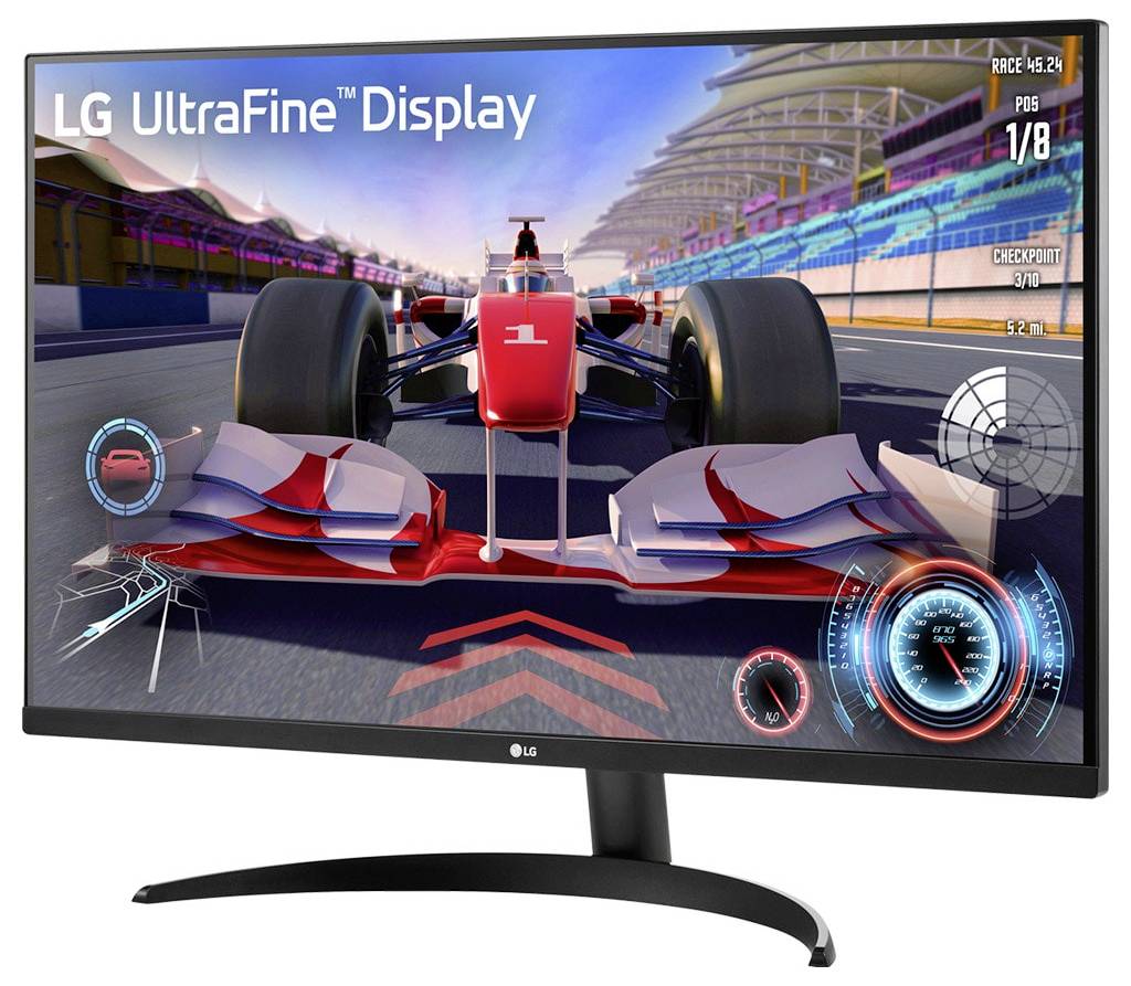 Ein schlankes LG UltraFine Display zeigt ein Rennspiel mit einem roten Formel-Rennwagen auf der Strecke, Spielstatistiken auf dem Bildschirm und detailreichen Grafiken.