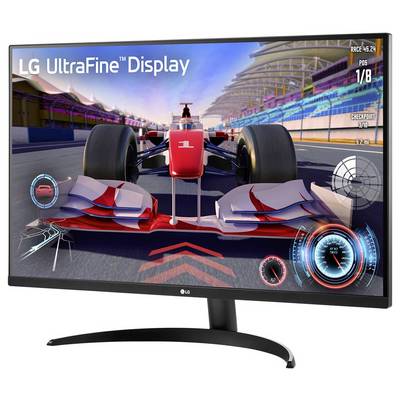 Ein schlankes LG UltraFine Display zeigt ein Rennspiel mit einem roten Formel-Rennwagen auf der Strecke, Spielstatistiken auf dem Bildschirm und detailreichen Grafiken.