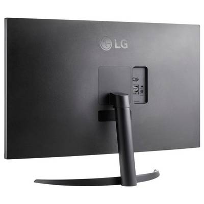 Rückansicht eines LG-Monitors mit Anschlüssen: USB, HDMI und Kopfhörereingang in einer zentralen Bedienblende.
