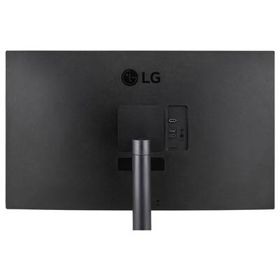 Das Bild zeigt die Rückseite eines LG-Monitors und hebt dabei das Markenlogo sowie die Anschlüsse für HDMI und USB hervor.