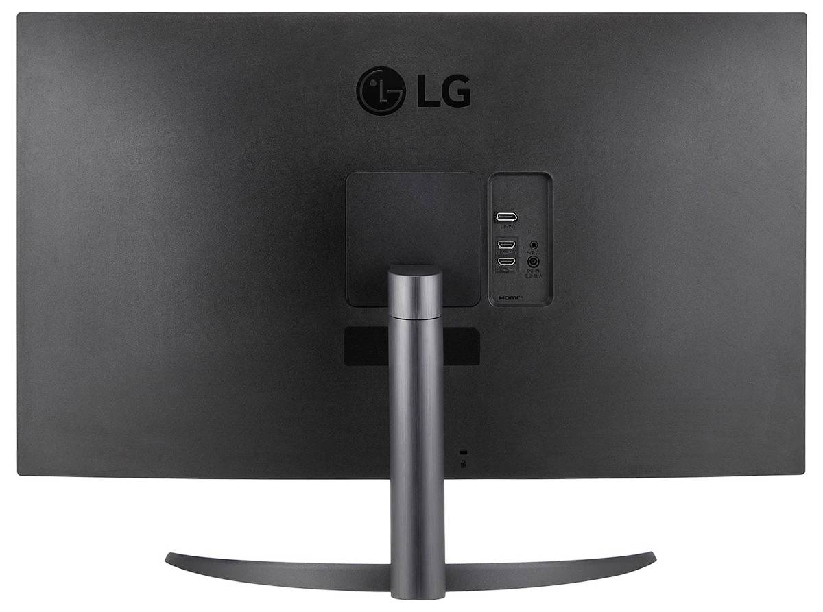 Rückansicht eines LG-Monitors, der die Anschlüsse, einschließlich HDMI und USB, in der Mitte zeigt. Der Monitor steht auf einem Ständer.