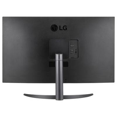 Rückansicht eines LG-Monitors, der die Anschlüsse, einschließlich HDMI und USB, in der Mitte zeigt. Der Monitor steht auf einem Ständer.