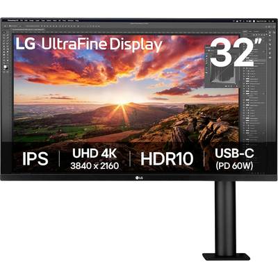LG UltraFine 32-Zoll-Monitor, der ein lebendiges Landschaftsfoto zeigt. Eigenschaften: IPS, UHD 4K (3840 x 2160), HDR10, USB-C (PD 60W).