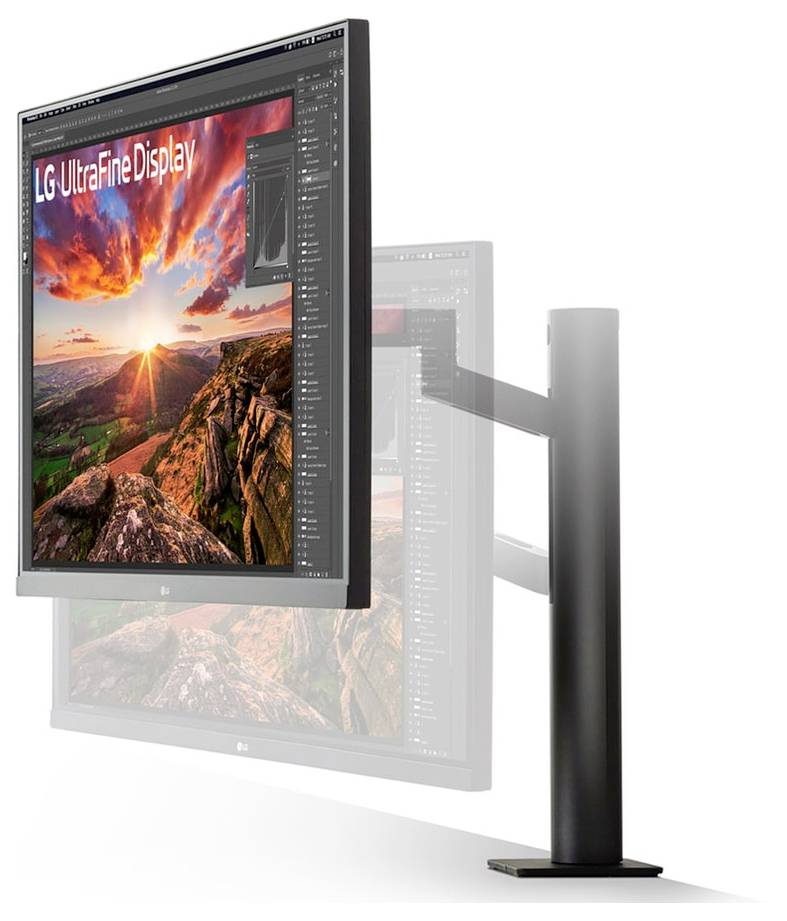 Ein Monitor, der ein lebendiges Landschaftsbild zeigt, auf einem verstellbaren Ständer platziert. Der Bildschirm präsentiert den Text "LG UltraFine Display".