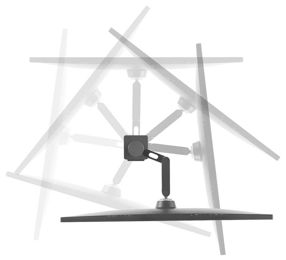 Verstellbarer Monitorarm, der verschiedene Bewegungswinkel zeigt und die Flexibilität und Bewegungsfreiheit bei der Positionierung eines Monitors demonstriert.