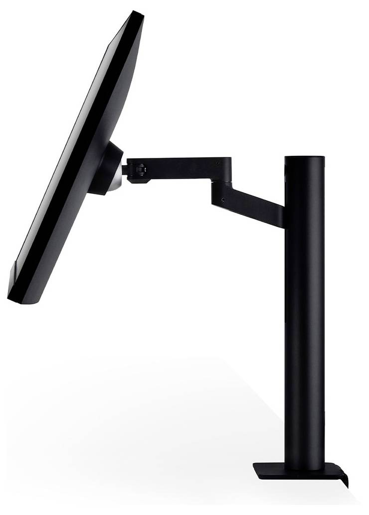 Seitenansicht eines schwarzen Computermonitors, der an einem verstellbaren Arm befestigt ist und nach oben gerichtet ist.