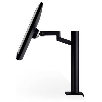 Seitenansicht eines schwarzen Computermonitors, der an einem verstellbaren Arm befestigt ist und nach oben gerichtet ist.