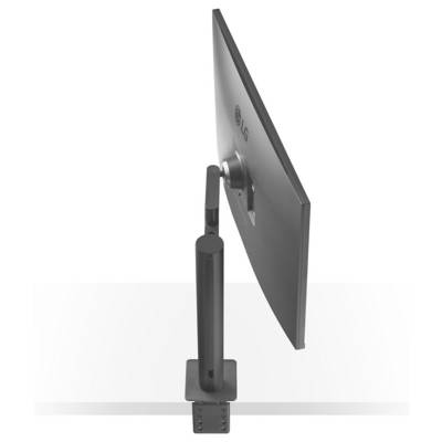 Eine Seitenansicht eines dünnen, montierten LG-Monitors, die seinen schlanken Profil und den verstellbaren Ständer zeigt, der an einem Schreibtisch befestigt ist.